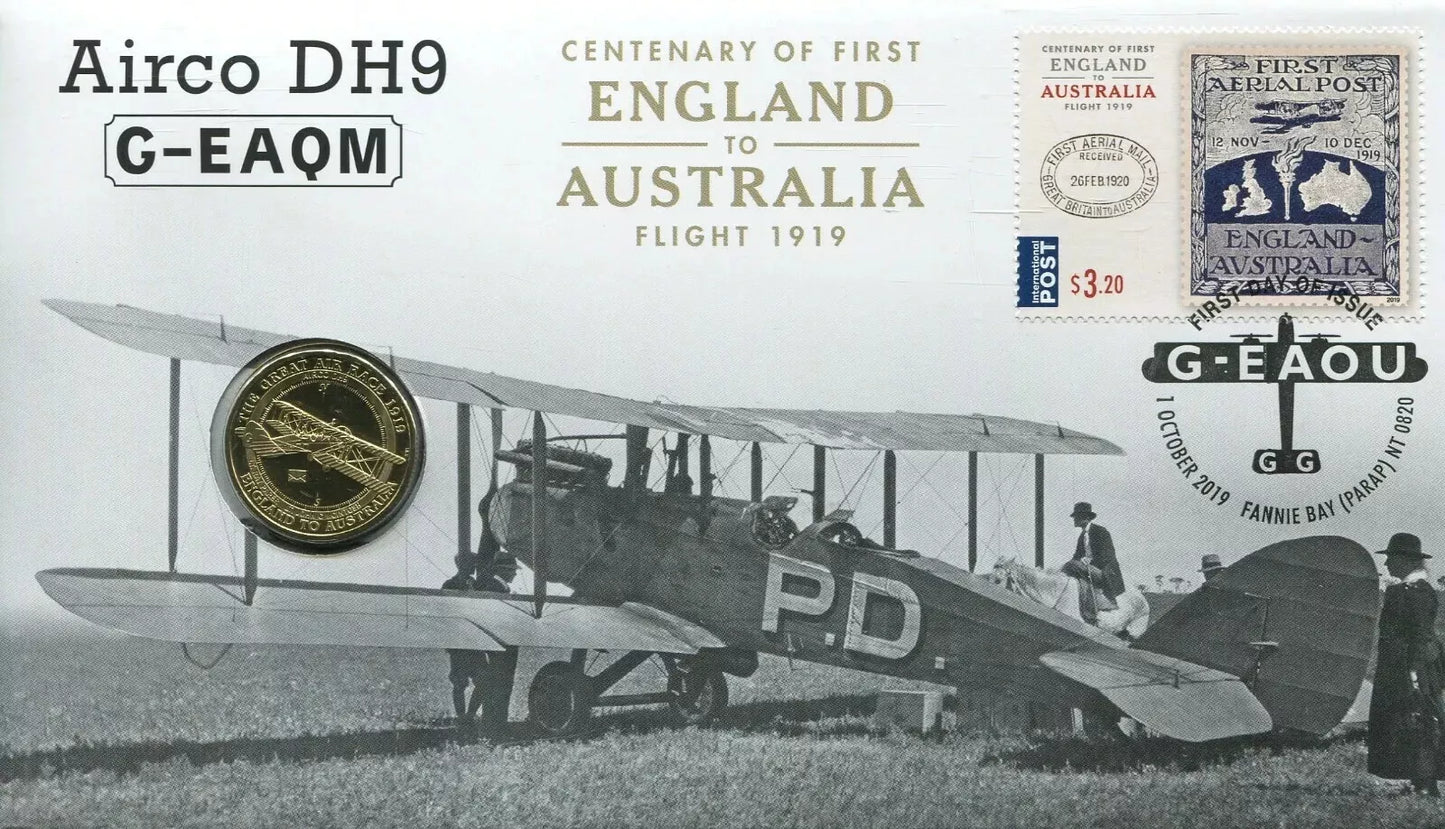 2019 First England to Australia Flight Airco DH9 G-EAQM - $1 Coin RAM PNC