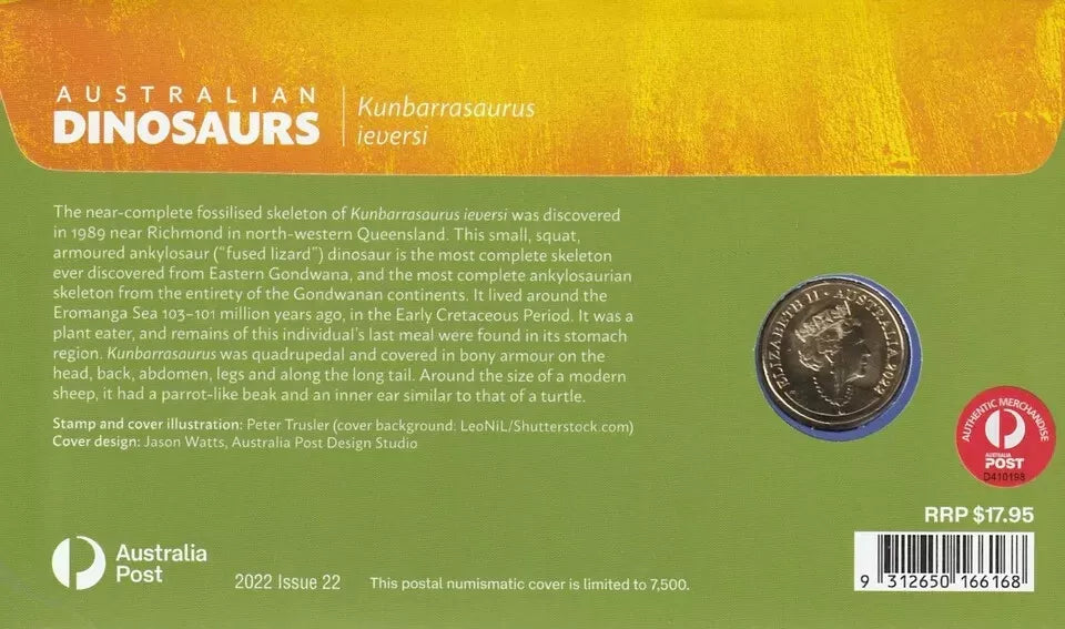 2022 Australian Dinosaurs Kunbarrasaurus ieversi - $1 Coin RAM PNC