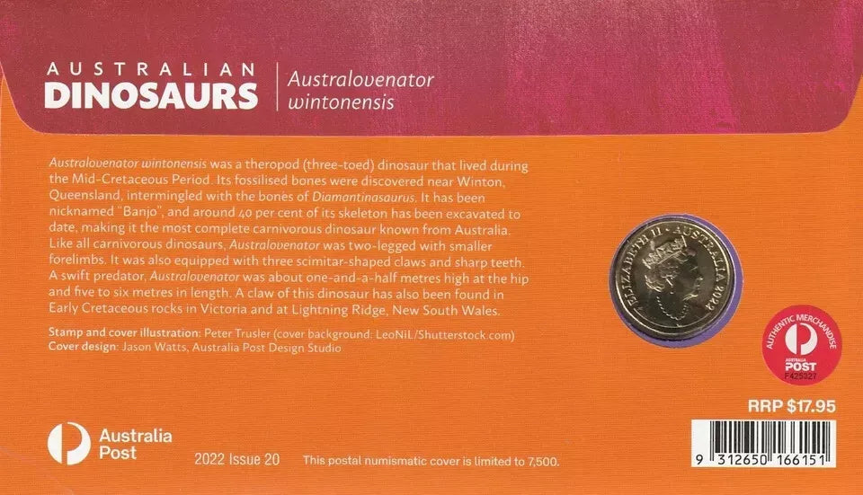 2022 Australian Dinosaurs Australovenator wintonensis - $1 Coin RAM PNC