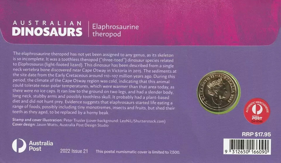 2022 Australian Dinosaurs Elaphrosaurine Theropod - $1 Coin RAM PNC