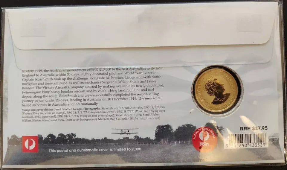 2019 First England to Australia Flight Centenary G-EAOU - $1 Coin Perth Mint PNC